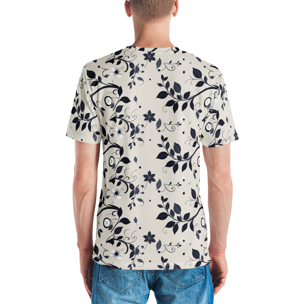 T-shirt com estampa de folhas azul-noite sobre fundo cor de pedra em toda a peça – vista de costas