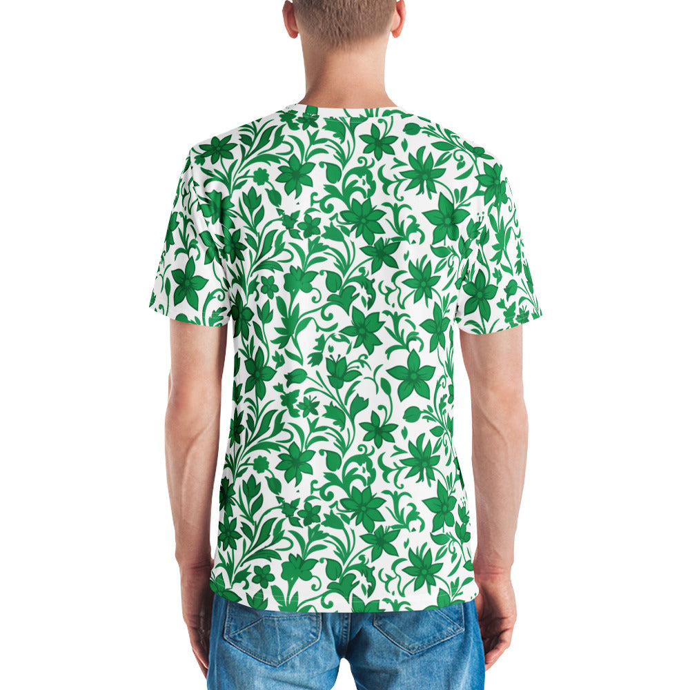 T-shirt com estampa floral verde e branca em toda a peça – vista de costas