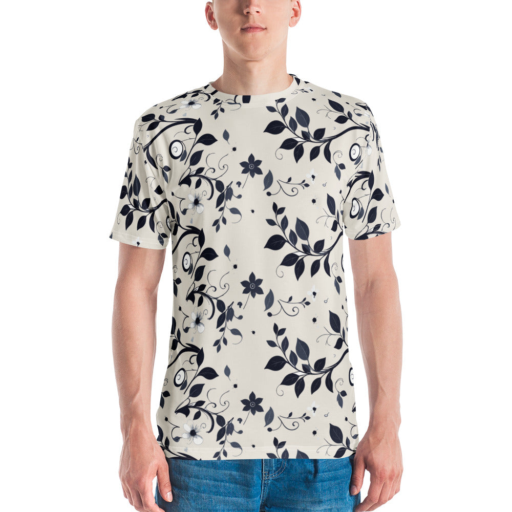 T-shirt com estampa de folhas azul-noite sobre fundo cor de pedra em toda a peça – vista de frente