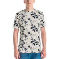 T-shirt com estampa de folhas azul-noite sobre fundo cor de pedra em toda a peça – vista de frente