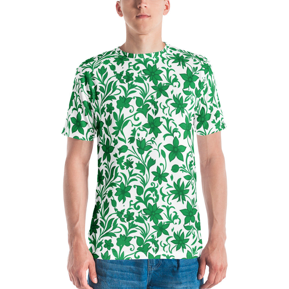 T-shirt com estampa floral verde e branca em toda a peça – vista de frente