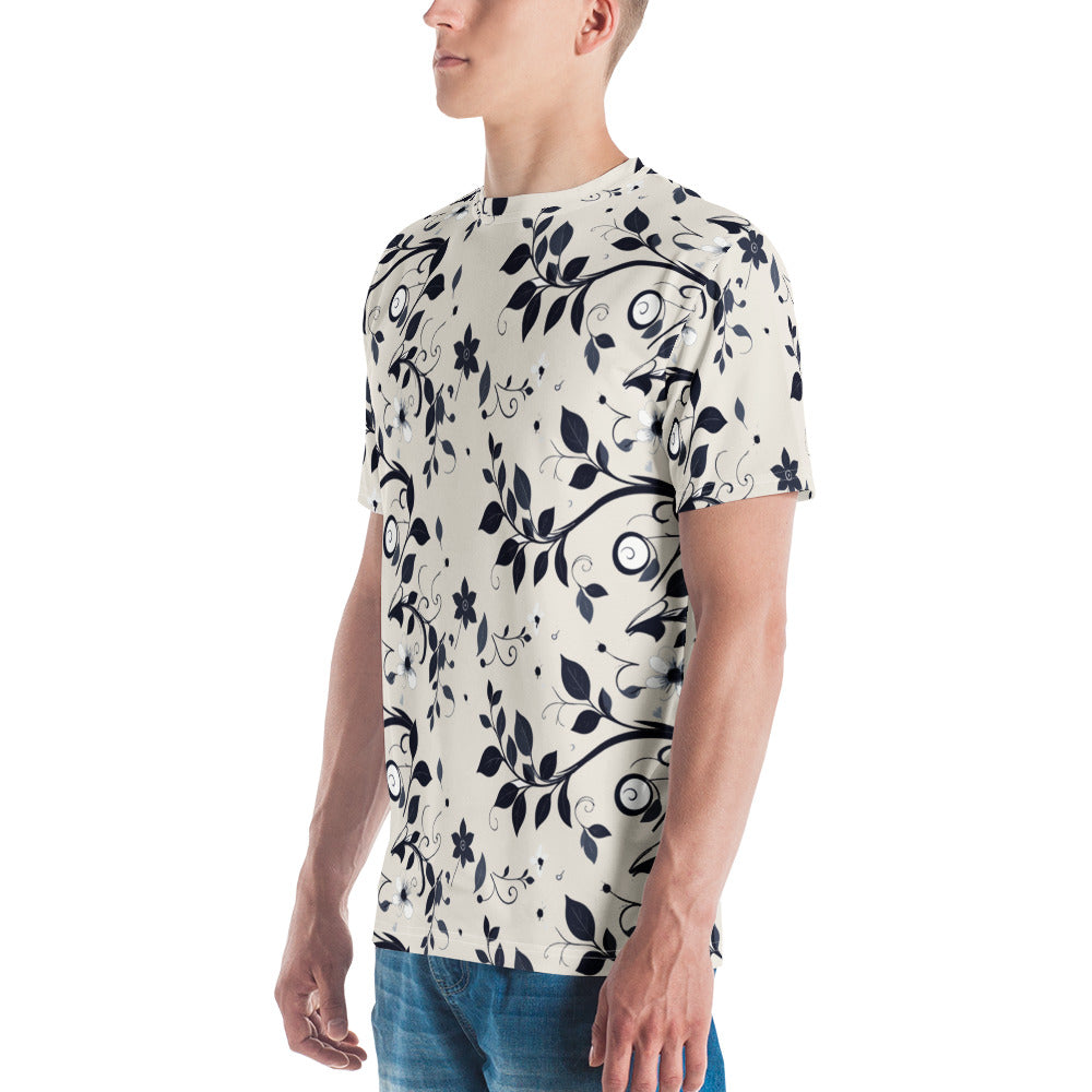 T-shirt com estampa de folhas azul-noite sobre fundo cor de pedra em toda a peça – vista lateral