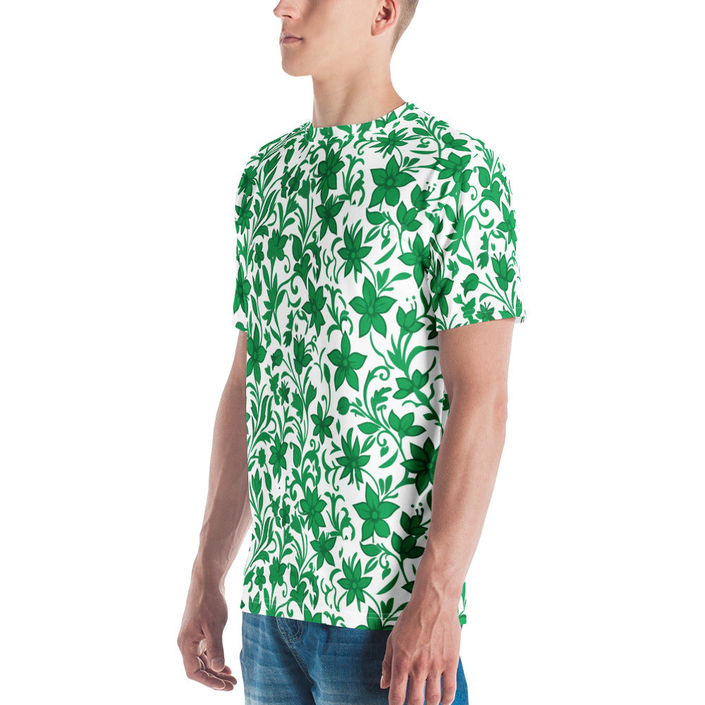 T-shirt com estampa floral verde e branca em toda a peça – vista lateral