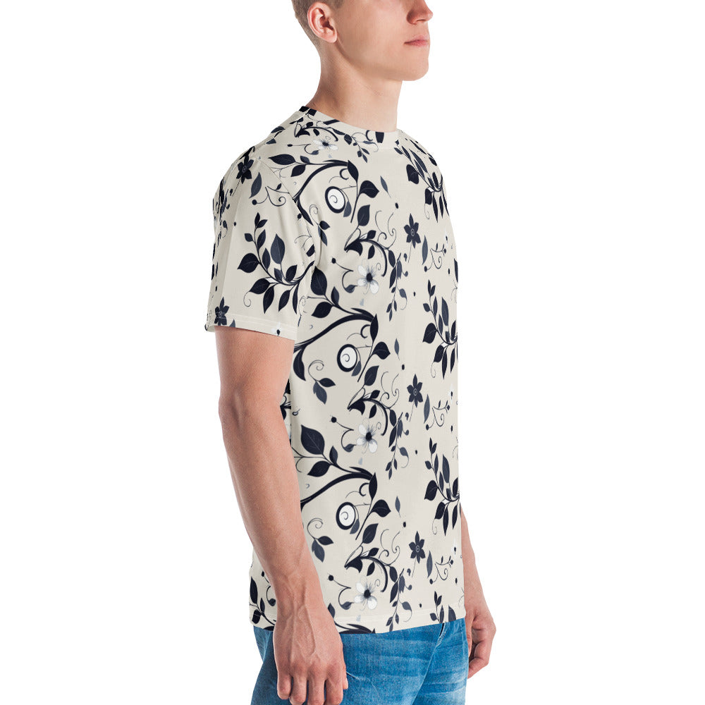 T-shirt com estampa de folhas azul-noite sobre fundo cor de pedra em toda a peça – vista lateral