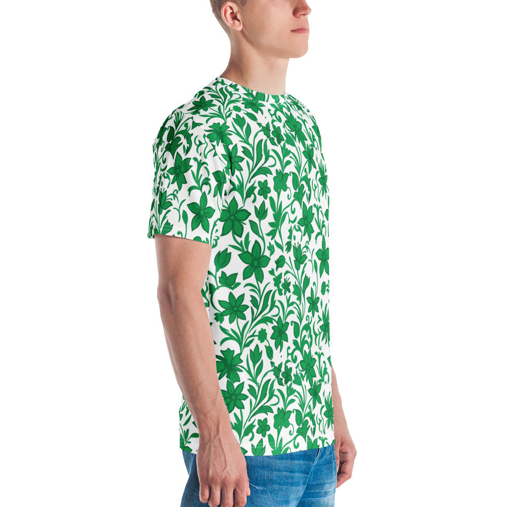 T-shirt com estampa floral verde e branca em toda a peça – vista lateral