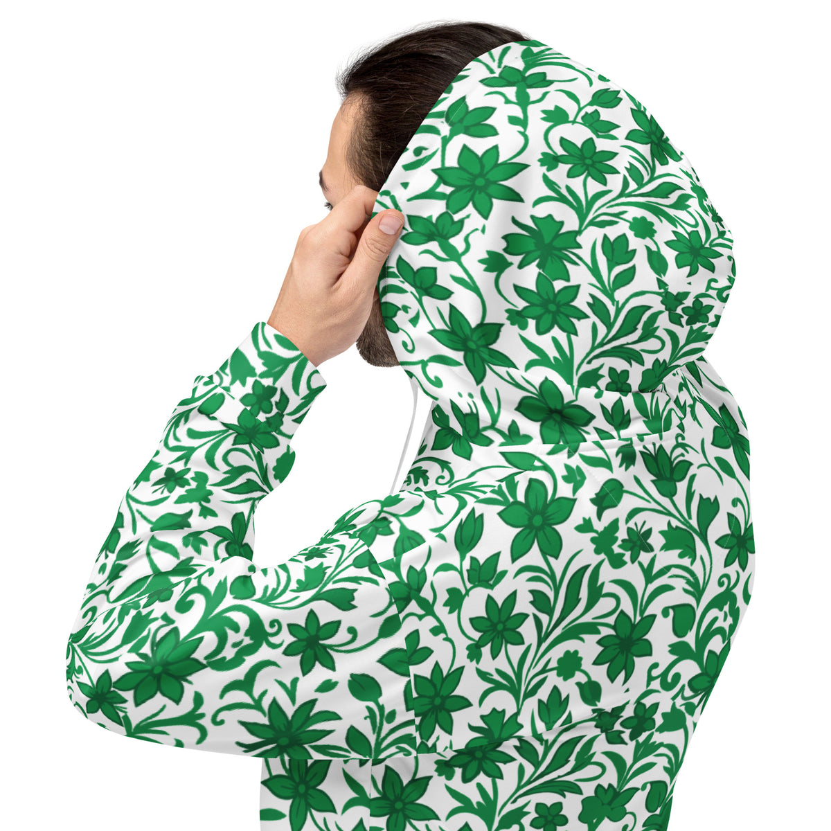 Hoodie com estampa floral verde e branca em toda a peça – detalhe do capuz