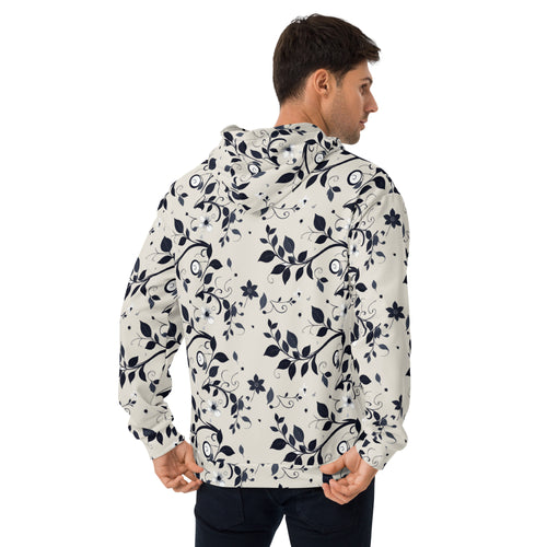 Hoodie com estampa de folhas azul-noite sobre fundo cor de pedra em toda a peça – vista de costas