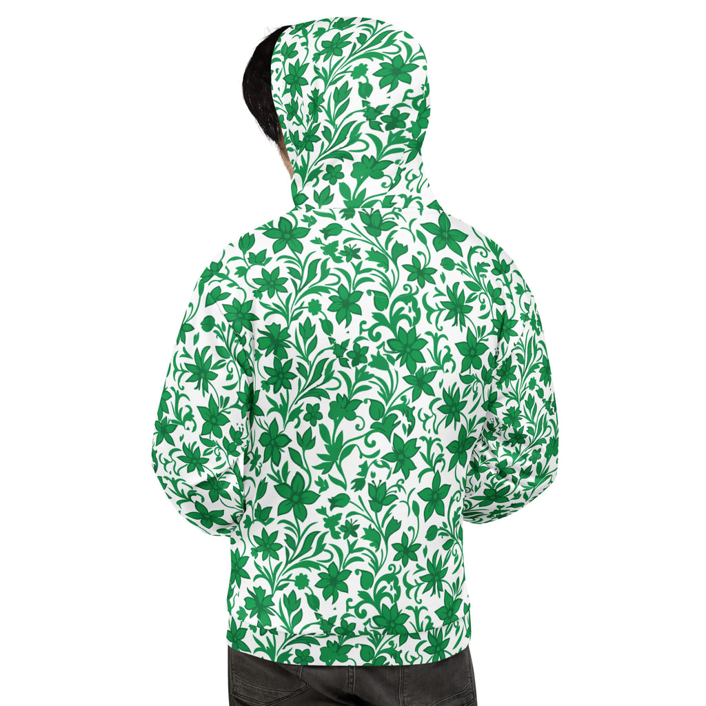 Hoodie com estampa floral verde e branca em toda a peça – vista de costas