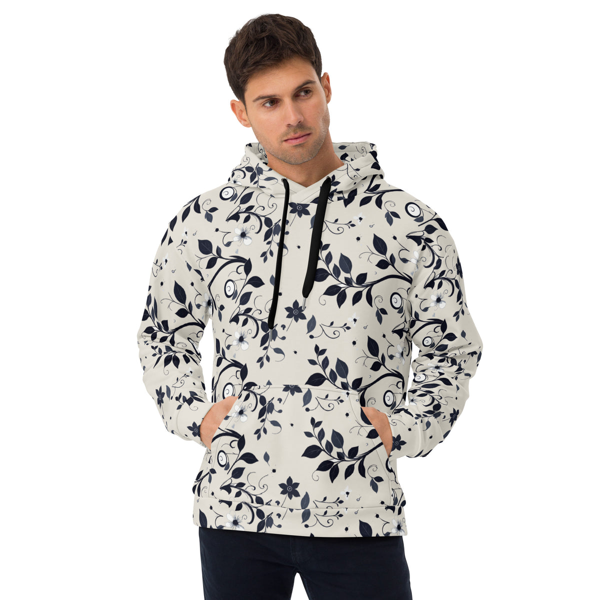 Hoodie com estampa de folhas azul-noite sobre fundo cor de pedra em toda a peça – vista de frente