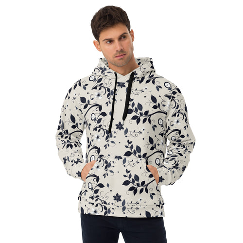 Hoodie com estampa de folhas azul-noite sobre fundo cor de pedra em toda a peça – vista de frente