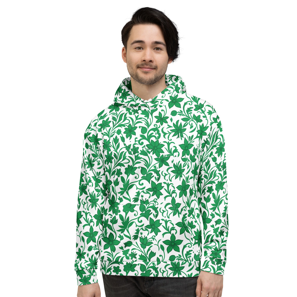 Hoodie com estampa floral verde e branca em toda a peça – vista de frente