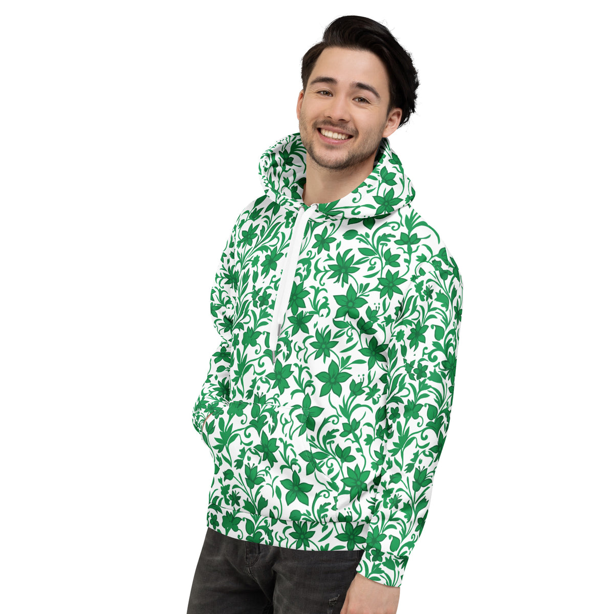 Hoodie com estampa floral verde e branca em toda a peça – vista lateral