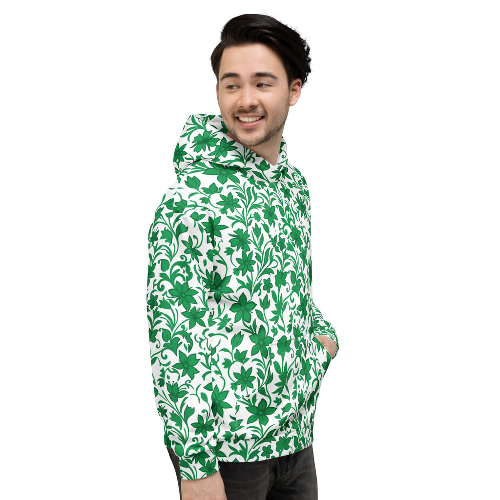 Hoodie com estampa floral verde e branca em toda a peça – vista lateral