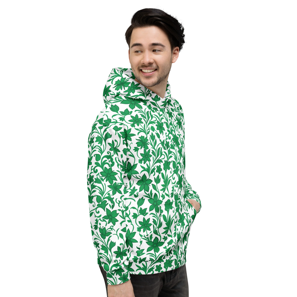Hoodie com estampa floral verde e branca em toda a peça – vista lateral