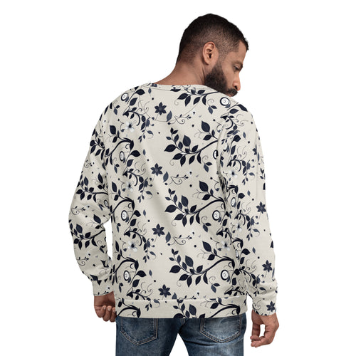 Sweatshirt com estampa de folhas azul-noite sobre fundo cor de pedra em toda a peça – vista de costas