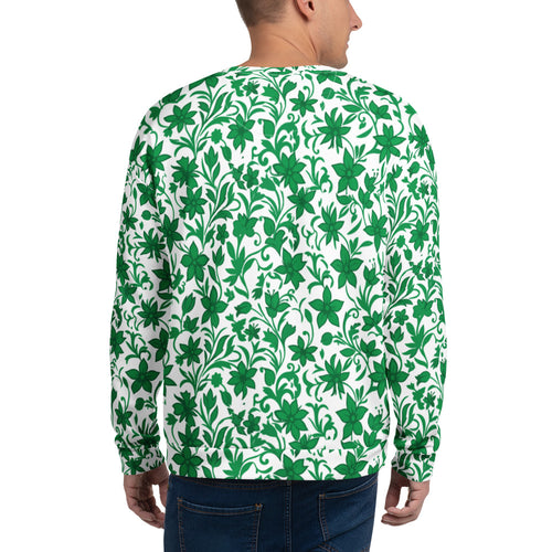 Sweatshirt com estampa floral verde e branca em toda a peça – vista de costas