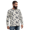 Sweatshirt com estampa de folhas azul-noite sobre fundo cor de pedra em toda a peça – vista de frente
