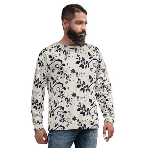Sweatshirt com estampa de folhas azul-noite sobre fundo cor de pedra em toda a peça – vista de frente