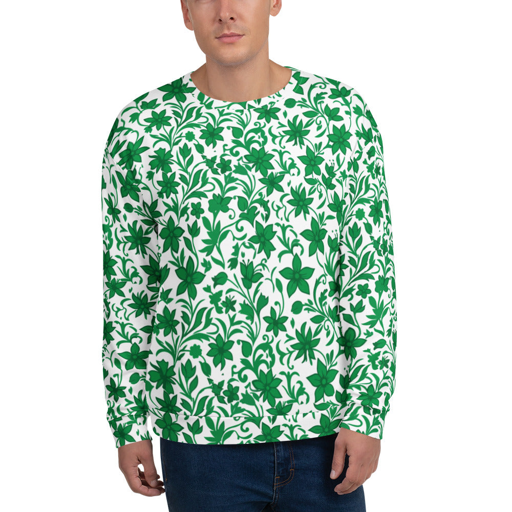 Sweatshirt com estampa floral verde e branca em toda a peça – vista de frente