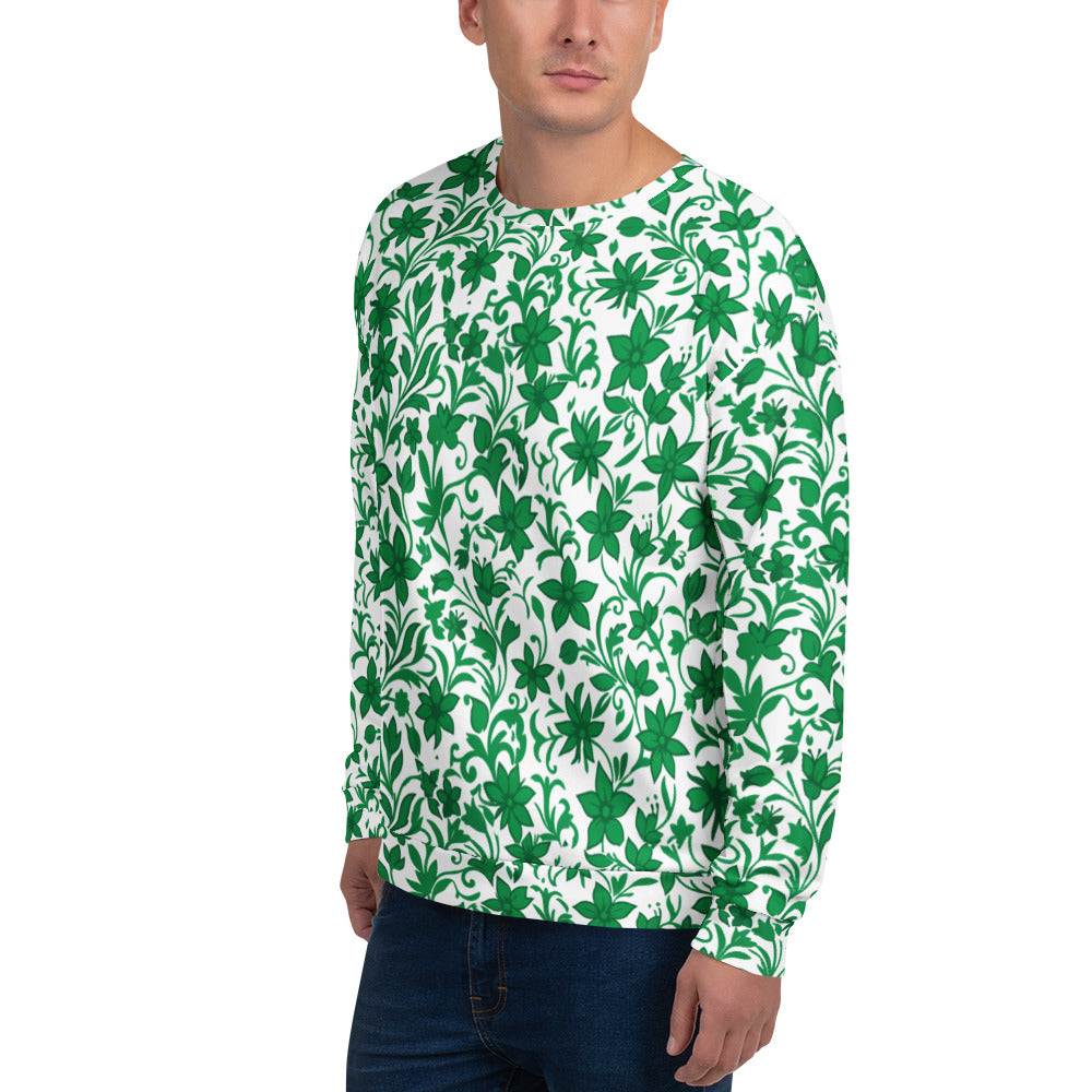 Sweatshirt com estampa floral verde e branca em toda a peça – vista de três quartos