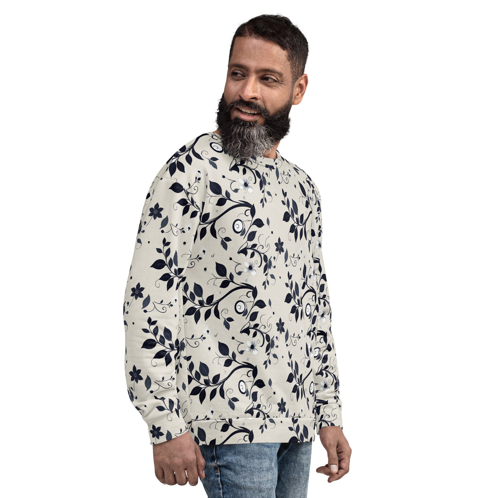 Sweatshirt com estampa de folhas azul-noite sobre fundo cor de pedra em toda a peça – vista de três quartos