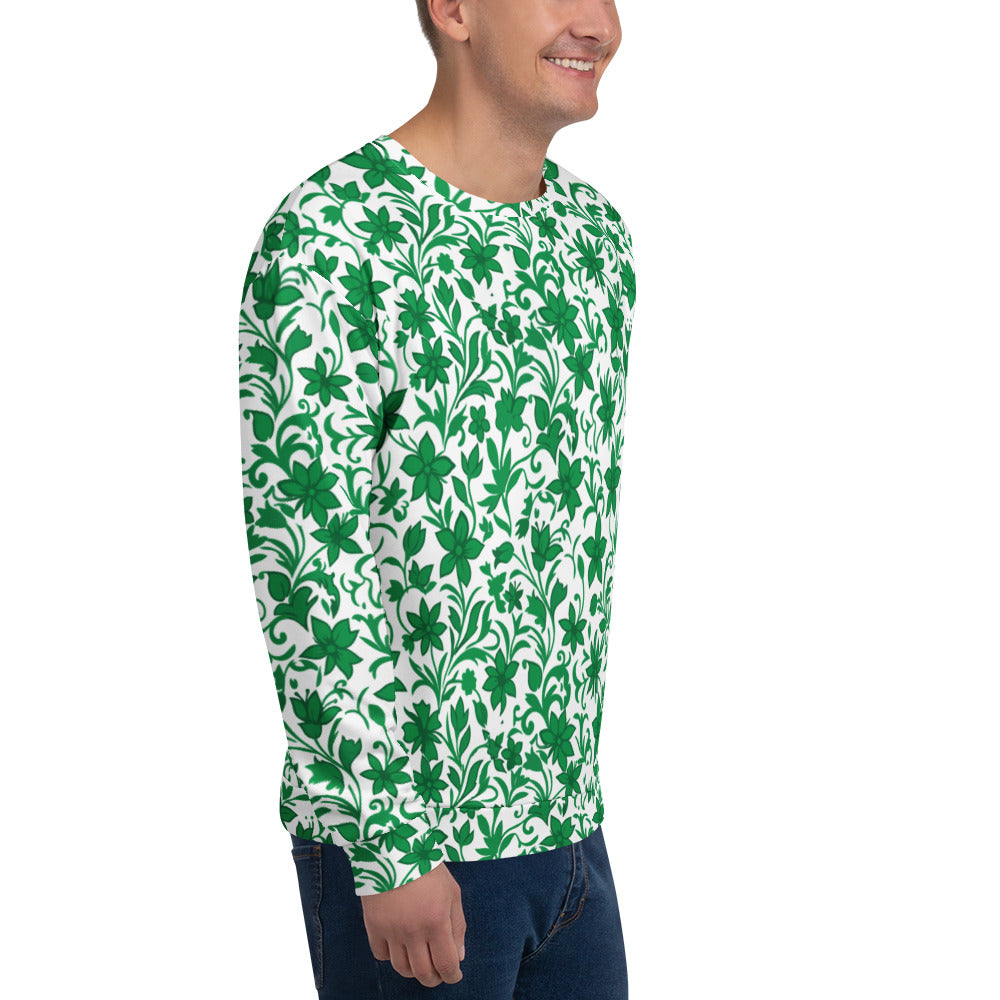 Sweatshirt com estampa floral verde e branca em toda a peça – vista de três quartos